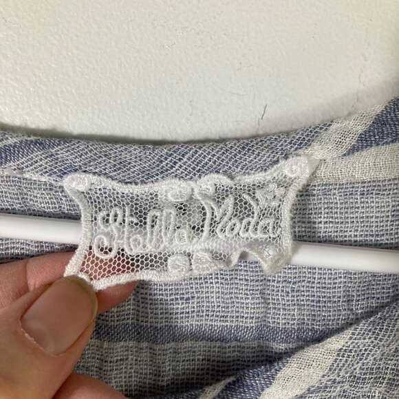 Womens Stella Moda Linen Cropped Tunic 3/4 Sleeve Blue White Striped S - Picture 7 of 9